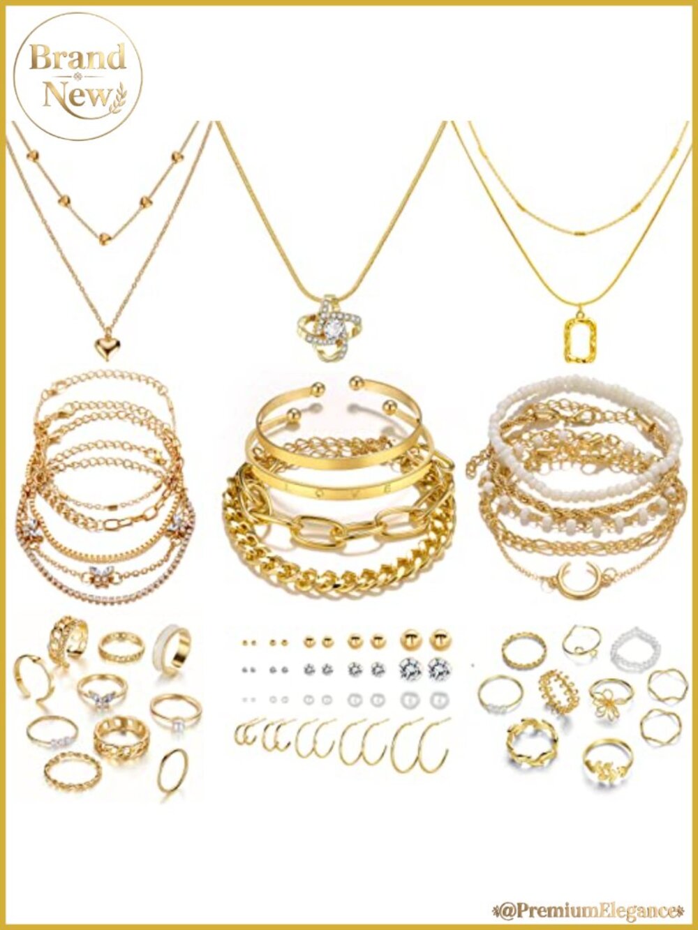 Gold Plated Multi Layer Jewelry Set for Women, Necklace Bracelet Earrings Rings